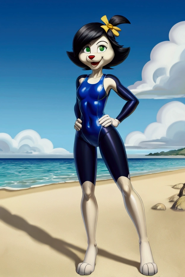 Cartoon dog full length slim in blue lycra swimsuit on the beach with happy face green eyes black hair