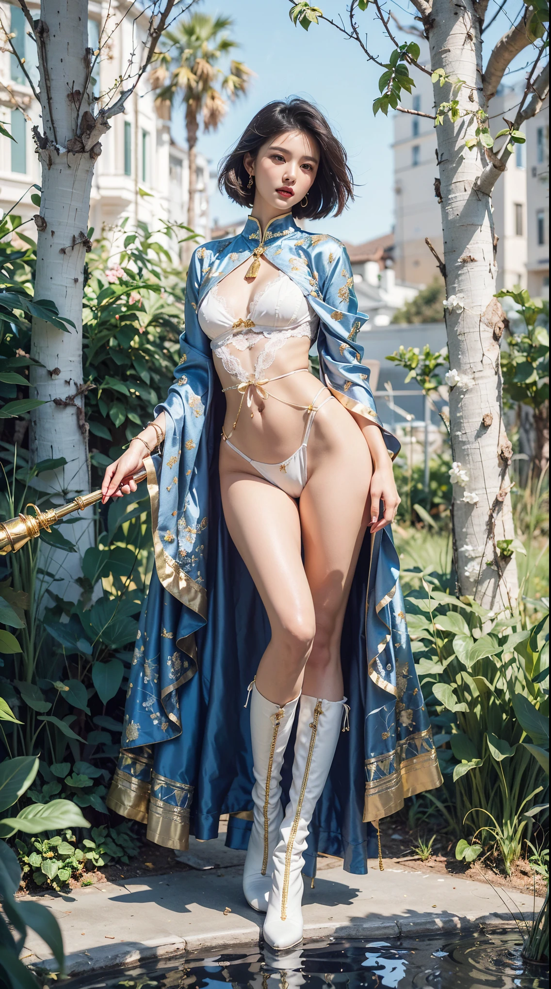 beautiful and delicate woman,The eyes and face are very detailed, exquisite eyes, super detailed, High resolution, The content is very detailed,best quality,EnLightenment,unity,8k wallpaper,masterpiece,best quality,imagine,1 girl,Wear sexy blue and white bikini armor,Metal style, big breasts, high cut underwear, 盔甲有圖案Metal style的, Large blue and white priest's cloak,priest hat,standing posture,long legs,Put on pink blue and white boots,look at the audience,facing the audience,flowing long hair,Surreal 8000g,Impeccable,masterpiece,professional artwork,famous artwork,Light,movie bloom,perfect face,pretty face,fantasy,Dreamy and magical,not real,intricate details,Exquisite pattern…Korean woman’s face