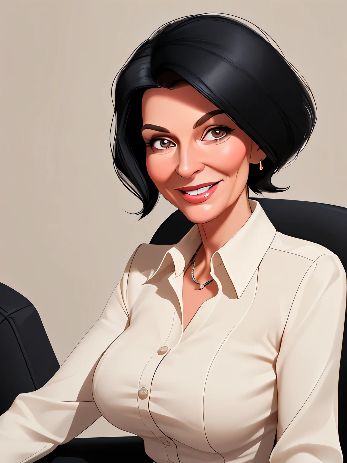 A business coach. She is of the Northern European type. She is in her mid-50s and has black hair. She wears a light-colored blouse. She smiles friendly and wisely into the camera. She is an expert in her field. She is wealthy and exudes self-confidence. She is sporty and smart.