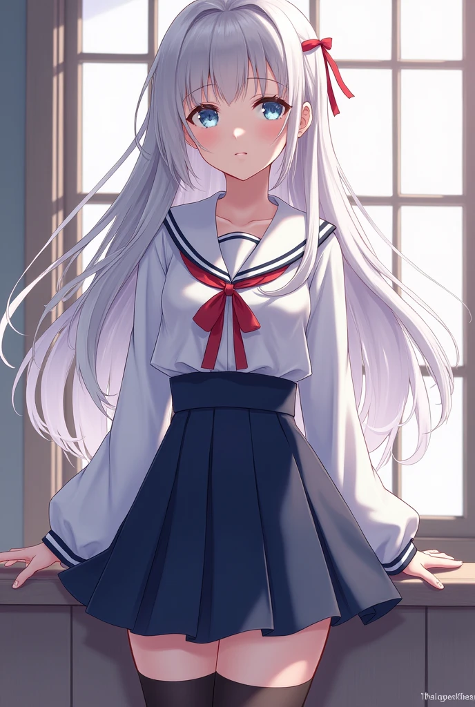 Anime girl with long light silver hair, With thin red ribbon, White and navy blue Japanese schoolgirl uniform, White skin, Pale blue eyes, Sensual(Cup E), Long black stockings.
Show your whole body