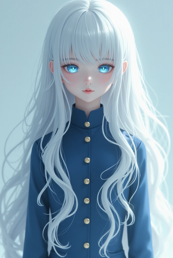 With crystal blue eyes、Create a picture of a girl with long white hair, She is wearing a navy blue uniform and white boots. 