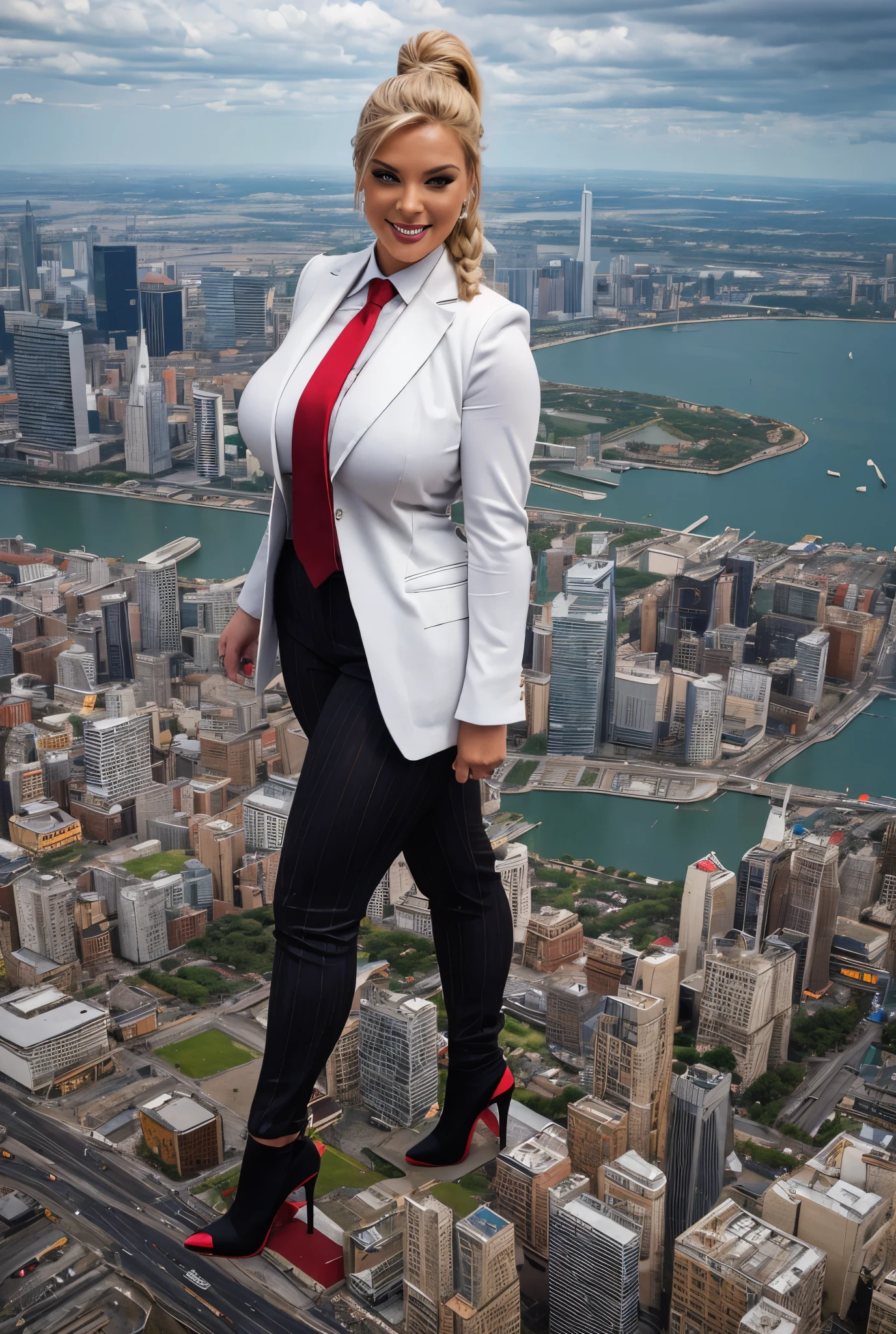 Giantess art, giga giantess in distance walking on through city, multiple women with beautiful curves, massive thighs, blonde hair in a fishtail braid, lipstick, wearing a perfect form-fitting red pinstripe trouser suit and blazer, crisp white shirt, and a large blade width Windsor knot black paisley tie, with massive breasts. She is wearing black platform high heels and standing on a miniature city, with skyscrapers at her feet, smiling with her huge breasts. This image is highly detailed, photorealistic, best quality, a masterpiece, with cinematic lighting, ultra-detailed, featuring black patent Louboutin pumps, long ponytail hair with front bangs, high altitude photography, satellite view, a curvy figure, heaving bosom, legs, a mega city, urban sprawl, small towns, destruction, buildings, roads, a cloudy, overcast, hazy atmosphere, and wispy clouds. Walking towards cameria. 