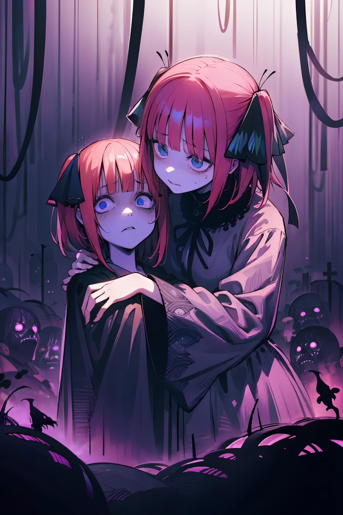(studio lighting:1.2), deep focus bokeh, nino nakano, hair ribbons, goth style, 1 girl, nakano_nino, pink hair, blue eyes, black and white manga style,Junji Ito,horor,hight contrast,extreme shadows,haunting atmosphere,scary and mysterious scenes,mind-blowing visuals,emotionally charged,psychological terror, nino nakano, Exquisite details,nightmare inducing,artistically stylized,expressive characters,intricate patterns,Terrible expectation,anxiety inducing,intense and mysterious,Masterful narrative,foreboding atmosphere,strange and supernatural,captivating and disturbing narratives,Subtle symbolism,dark and twisted,sublime e surreal,exploring the depths of the human psyche,Convincing and thought-provoking,transcending the limits of reality and imagination, lost in a dream