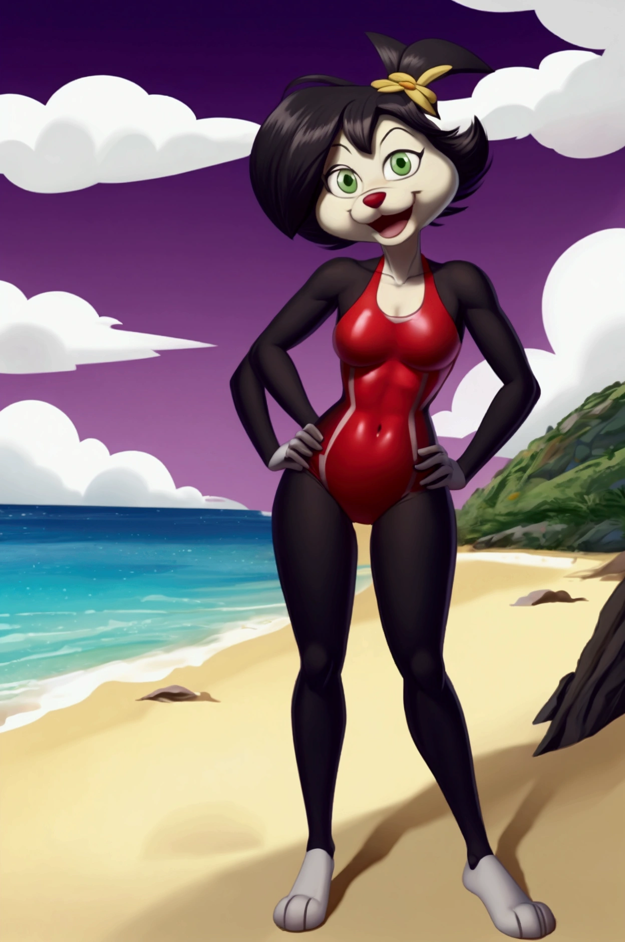 Full length cartoon dog slim in red lycra swimsuit on the beach with happy face green eyes black hair