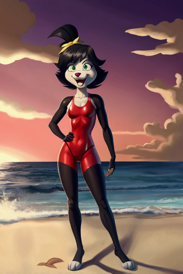 Full length cartoon dog slim in red lycra swimsuit on the beach with happy face green eyes black hair