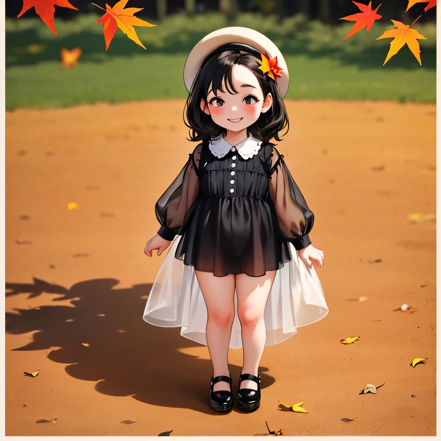 (masterpiece), (Best Quality)， One ，Small dolls outdoors，Full body portrait，Very ，Very short stature，Thin thighs，Black Hair，teeth，Smiling so happily，a bit，Cute little toddler、hat，Photographed from the front、Strong bokeh，Large float，Autumn park garden，autumn leaves，See-through clothing，Children in the background，