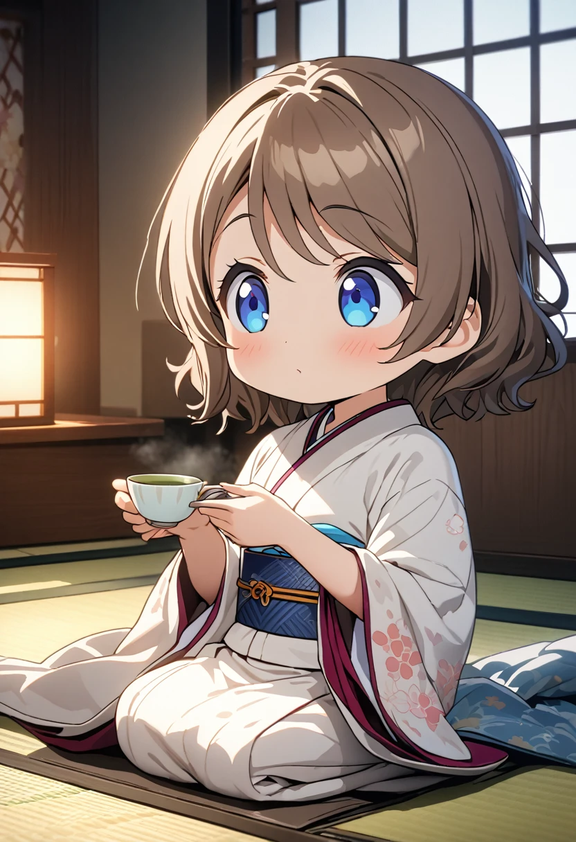 girl, seiza, Looking to the future, Big Eyes, Chibi, kimono, Big face, cute, anime, cell anime, 2d anime, Chibi, Chibi anime, Soft Surface, Soft Lighting, masterpiece, Best Quality, Super detailed, Exquisite, beautiful, Full HD, 8k, Absurd, tatami, Japanese-style room, Warm Face, Holding a teacup with both hands, Green Tea , ,Watanabe You, blue eyes, Brown Hair, short hair, bangs,