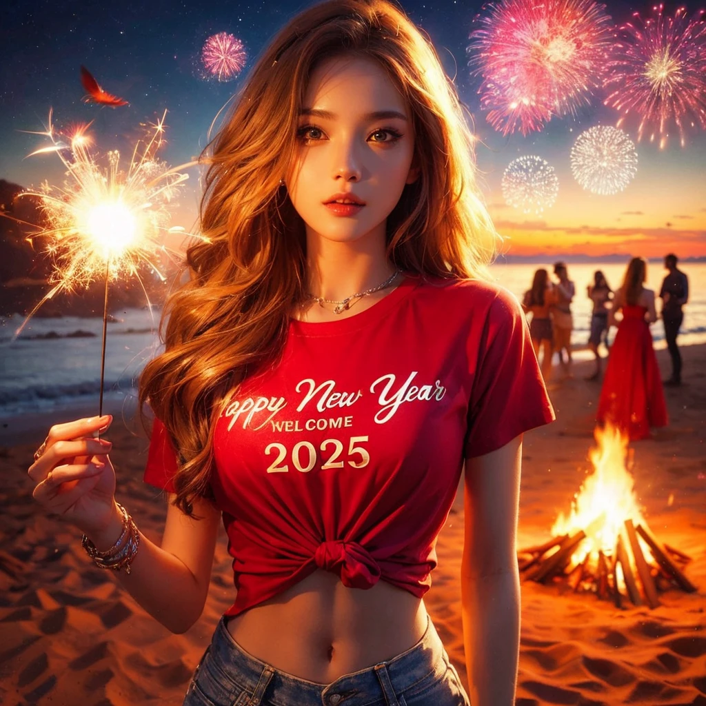 a beautiful young woman wearing a red t t-shirt,
"happy New year welcome 2025"printed in her front t-shirt,he is holding a shining  sparkles, sparkling headband,the background is a sand and sea with a sunset dark but with bright stars and colorful fireworks in the sky and bonfire,hip to head,(see photographer),(detailed),detailed hair,detailed clothes,detailed skin texture, Cinematic,High Resolution, Accurate, Award Winning, Detail, Best Quality, Anatomically Correct, Masterpiece, HD, High Quality, Retina, Textured Skin, UHD, Super Detailed, Quality, High Details, Cinematic 