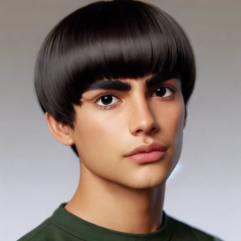 young man, tanned skin, black bowl cut hair, thick black eyebrows, round black eyes, big lips, forest green clothes, Might Guy, realistic, 3d
