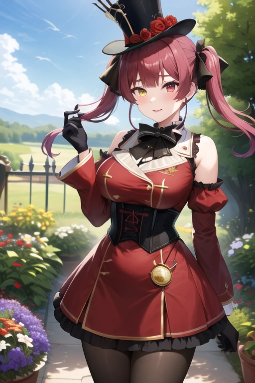 masterpiece, Best Quality, High resolution, ddmarine, Twin tails, Drill Hair, Top Hat, Hat Flower, Heterochromia iridis, Black bow tie, Underbust, Bare shoulders, Frills, Black Ribbon, Red dress, Removable sleeves, Red Sleeves, Long sleeve, corset, Black gloves, pantyhose, Standing, Cowboy Shot, garden,