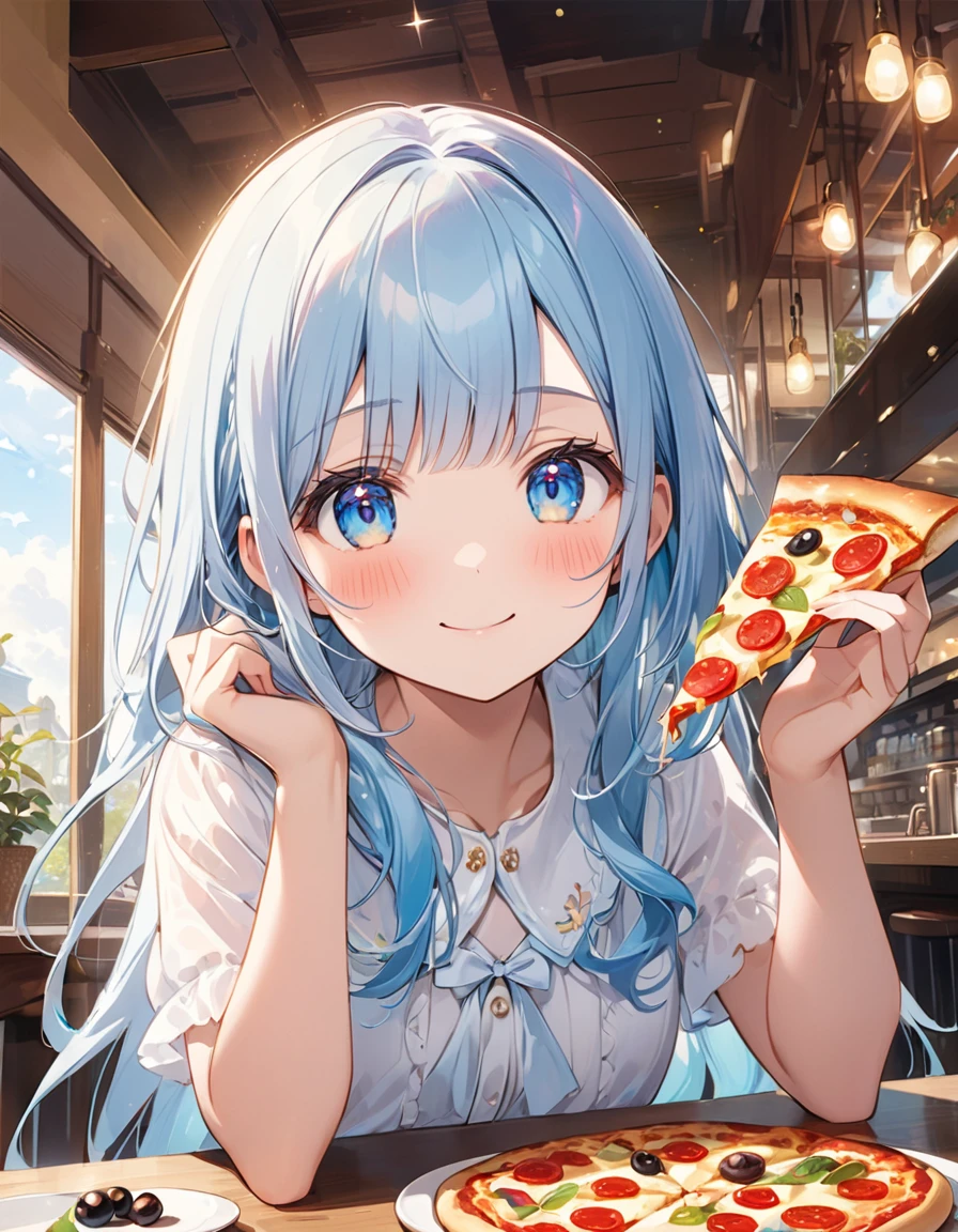 masterpiece, best quality, extremely detailed, (illustration, official art:1.1), 1 girl ,(((( light blue hair)))), ,(((( light blue long hair)))),light blue hair, ,((blush)) , cute face, big eyes, masterpiece, best quality,(((((a very delicate and beautiful girl))))),Amazing,beautiful detailed eyes,blunt bangs((((little delicate girl)))),(((tareme))),droopy eyes.(true beautiful:1.2), sense of depth,dynamic angle,,,, affectionate smile, (true beautiful:1.2),,(tiny 1girl model:1.2),)(flat chest),(1 girl)、(Eating pizza)、(Extremely detailed Neapolitan)、Inside the cafe at noon、Smiling、(highest quality、masterpiece、High resolution、detailed)、Passionate, romantic,、Flat Style、(iridescent eyes,Beautiful Face),extremely detailed、floating, (High saturation), Sunshine from the window, (Shine), Focus on the face, Dynamic Angle、anime,embarrased, adorned with a single black olive, mushroom, and pepper ring. SPARKLE; GLITTER