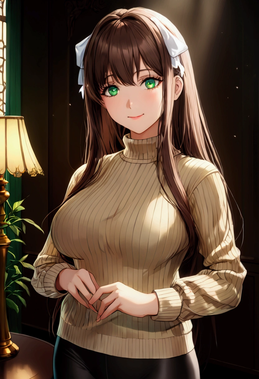 ((full pose:1.5)), ((standing:1.5)), ((beige sweater:1.5)), ((black leggings:1.5)), ddlcmonika, blunt bangs, hourglass shaped body, brown hair, (green eyes:1.5), long hair, ponytail, ribbon, white ribbon, hair ribbon, sidelocks, ((happy face:1.4)),
BREAK living room background, ((large breasts:1.4)), 
BREAK (masterpiece:1.2), best quality, high resolution, unity 8k wallpaper, (illustration:0.8), (beautiful detailed eyes:1.6), extremely detailed face, perfect lighting, extremely detailed CG, (perfect hands, perfect anatomy)