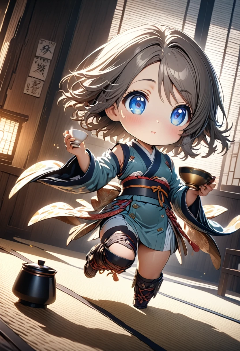 girl, seiza, Looking to the future, Big Eyes, Chibi, kimono, Big face, cute, anime, cell anime, 2d anime, Chibi, Chibi anime, Soft Surface, Soft Lighting, masterpiece, Best Quality, Super detailed, Exquisite, beautiful, Full HD, 8k, Absurd, tatami, Japanese-style room, Warm Face, Holding a teacup with both hands, Green Tea , ,Watanabe You, blue eyes, Brown Hair, short hair, bangs,