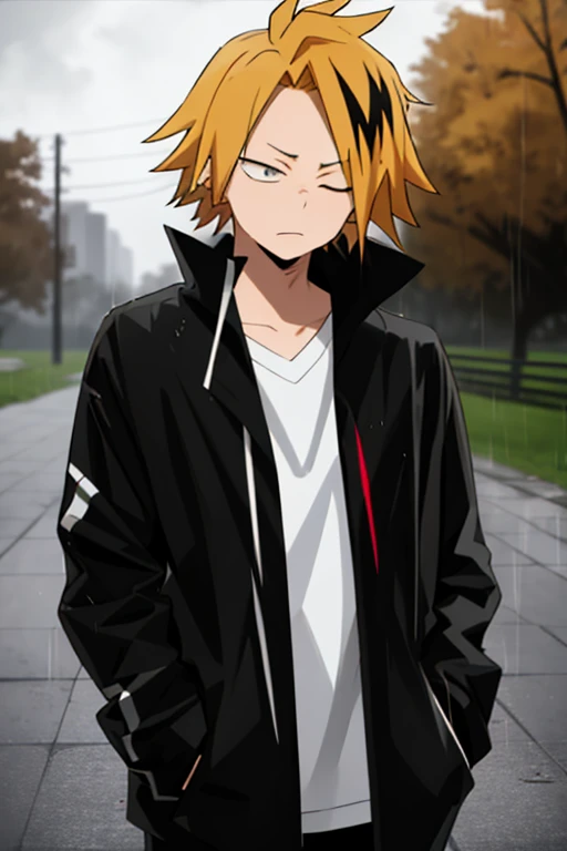 masterpiece, best quality, high quality, 1boy, solo, male focus, looking at viewer, upper body, kaminari_denki, blonde hair, multicolored_hair, Depressive, lost look looking down at the ground, rainy day in a deserted park, depressed, lost look, pupils looking at the ground, black shadow on the face, eyes half closed, Wet hair, look: looking towards the ground, Black jacket on, hands in jacket pockets, heavy rain, Look: depressed, Decayed hair