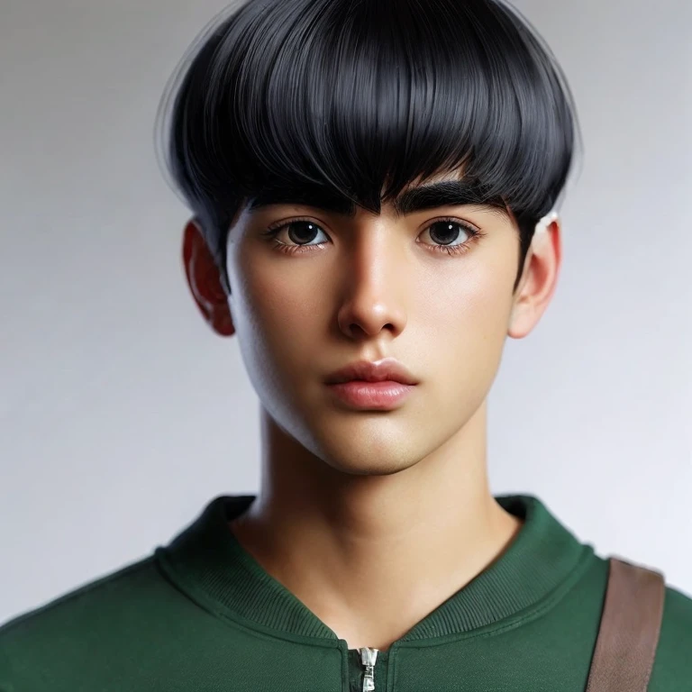 young man, tanned skin, black bowl cut hair, thick black eyebrows, round black eyes, big lips, forest green clothes, Might Guy, realistic, 3d
