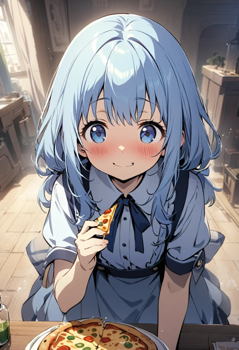 masterpiece, best quality, extremely detailed, (illustration, official art:1.1), 1 girl ,(((( light blue hair)))), ,(((( light blue long hair)))),light blue hair, ,((blush)) , cute face, big eyes, masterpiece, best quality,(((((a very delicate and beautiful girl))))),Amazing,beautiful detailed eyes,blunt bangs((((little delicate girl)))),(((tareme))),droopy eyes.(true beautiful:1.2), sense of depth,dynamic angle,,,, affectionate smile, (true beautiful:1.2),,(tiny 1girl model:1.2),girl,Ten years old、 cute,  Big blue eyes, Biting into melted cheese pizza、Eat pizza deliciously