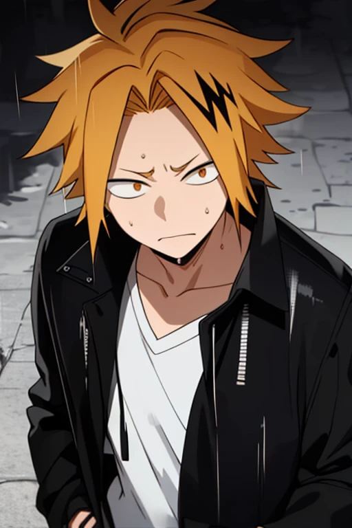 masterpiece, best quality, high quality, 1boy, solo, male focus, looking at viewer, upper body, kaminari_denki, blonde hair, multicolored_hair, Depressive, lost look looking down at the ground, rainy day in a deserted park, depressed, lost look, pupils looking at the ground, black shadow on the face, eyes half closed, Wet hair, look: looking towards the ground, Black jacket on, hands in jacket pockets, heavy rain, Look: depressed, Decayed hair