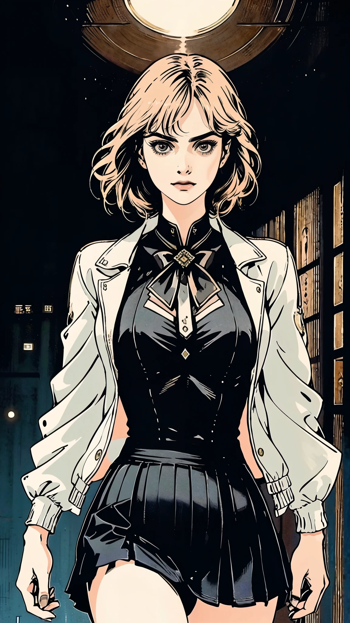 (masterpiece:1.2, best quality:1.2, extremely delicate:1.2), ((Alexandra Daddario:1.2)), a girl with short gray hair, bright eyes, a cheerful smile, a joyful expression, a slender figure, a two-piece fantasy-realistic style jacket, short skirt that matching the outfit, she happily leaps in front of a fantasy-style ancient ritual building, bright and soft color, this character embodies a finely crafted fantasy-realistic style girl in anime style, exquisite and mature manga art style, exquisite photography, Photo realism, photorealistic, perfect skin, even and soft lighting on face, dramatic, high definition, highres, ultra-detailed, ultra-fine painting, professional, perfect body proportions, golden ratio, anatomically correct, symmetrical face, extremely detailed eyes and face, high quality eyes, creativity, RAW photo, UHD, 32k, portrait lighting, Natural light, cinematic lighting, (masterpiece-anatomy-perfect:1.2)