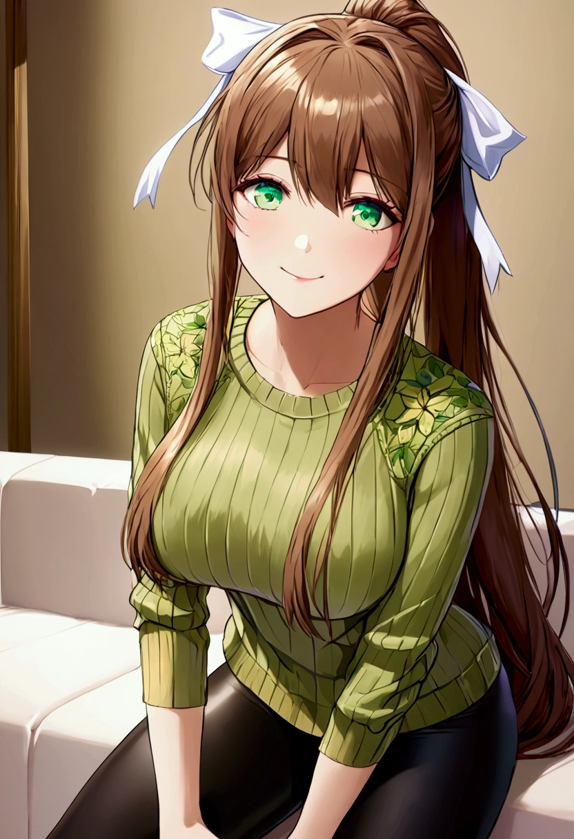 ((full pose:1.5)), ((beige sweater:1.5)), ((black leggings:1.5)), ddlcmonika, blunt bangs, brown hair, (green eyes:1.5), long hair, ponytail, ribbon, white ribbon, hair ribbon, sidelocks, ((happy face:1.4)),
BREAK living room background, ((large breasts:1.4)), 
BREAK (masterpiece:1.2), best quality, high resolution, unity 8k wallpaper, (illustration:0.8), (beautiful detailed eyes:1.6), extremely detailed face, perfect lighting, extremely detailed CG, (perfect hands, perfect anatomy)