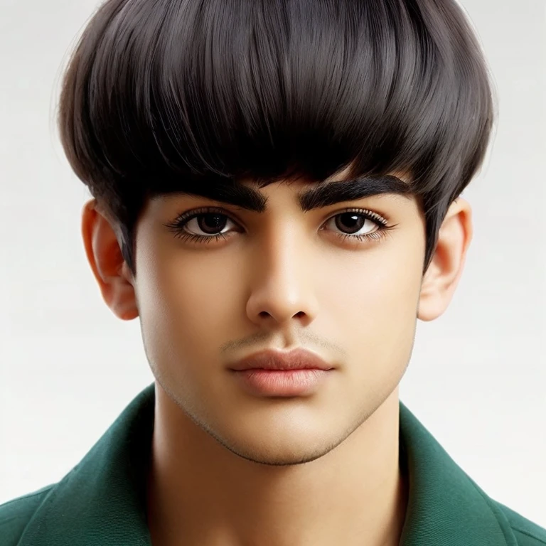 young man, tanned skin, black bowl cut hair, thick black eyebrows, round black eyes, big lips, forest green clothes, Might Guy, realistic, 3d
