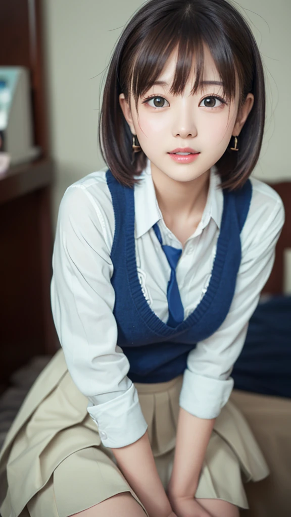 sfw, 1girl,  masterpiece, highly detailed, absurdres, high quality, (aichan:1.5), neat and beautiful girl, beautiful green detailed eyes, short black hair, layered hair, fluffy hair, bangs, glossy lips, pleated skirt, school uniform, shirt, Sitting with Knees Up on bed, spread legs,
8K, 
highest quality, 
real image, 
intricate details, 
Super detailed, 
ultra high resolution, 
depth field,(realistic,realistic:1.2), 

perfect skin, 
Fair skin, 
light blush, 
