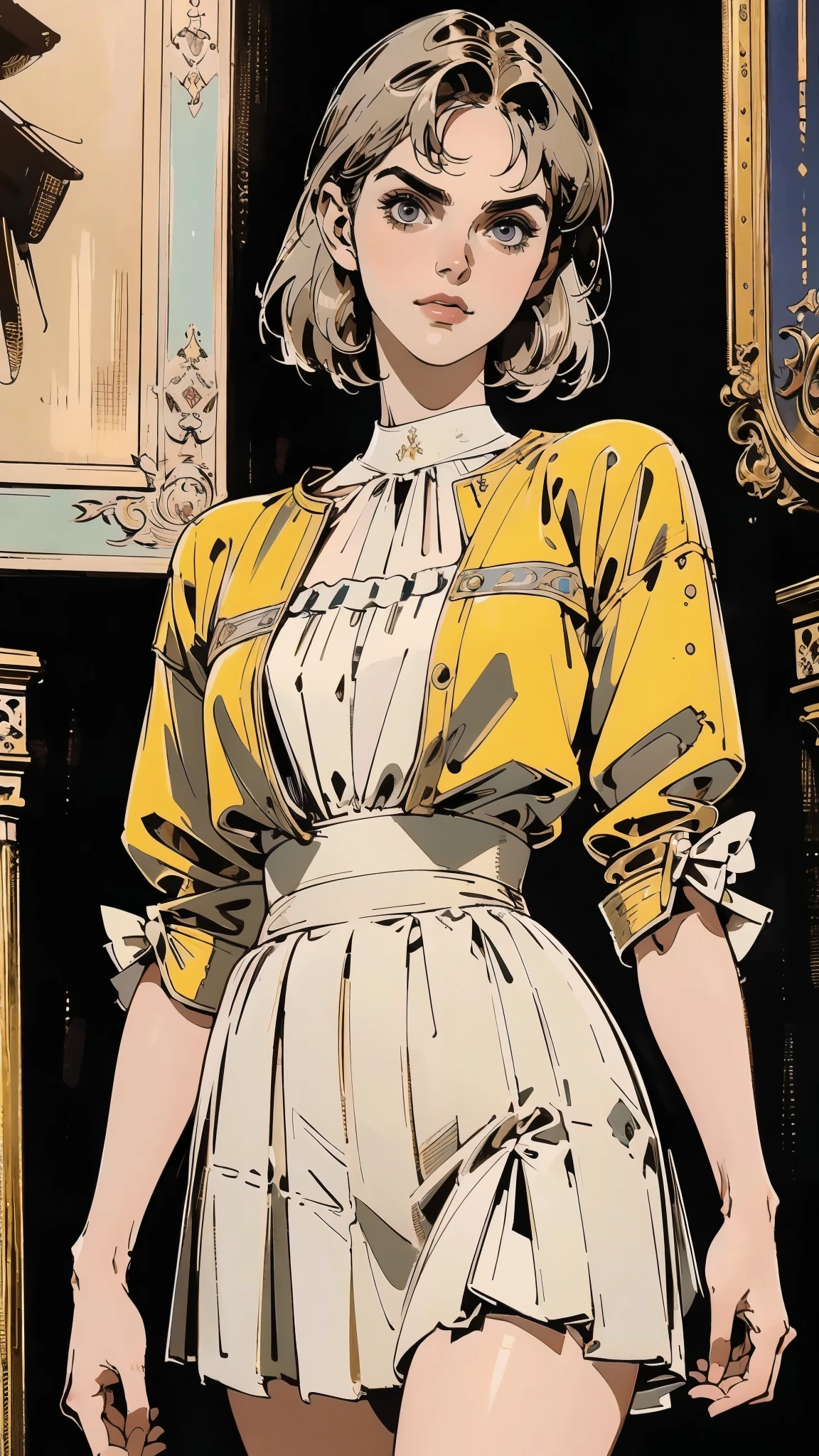 (masterpiece:1.2, best quality:1.2, extremely delicate:1.2), ((Alexandra Daddario:1.2)), a girl with short gray hair, bright eyes, a cheerful smile, a joyful expression, a slender figure, a two-piece fantasy-realistic style jacket, short skirt that matching the outfit, she happily leaps in front of a fantasy-style ancient ritual building, bright and soft color, this character embodies a finely crafted fantasy-realistic style girl in anime style, exquisite and mature manga art style, exquisite photography, Photo realism, photorealistic, perfect skin, even and soft lighting on face, dramatic, high definition, highres, ultra-detailed, ultra-fine painting, professional, perfect body proportions, golden ratio, anatomically correct, symmetrical face, extremely detailed eyes and face, high quality eyes, creativity, RAW photo, UHD, 32k, portrait lighting, Natural light, cinematic lighting, (masterpiece-anatomy-perfect:1.2)
