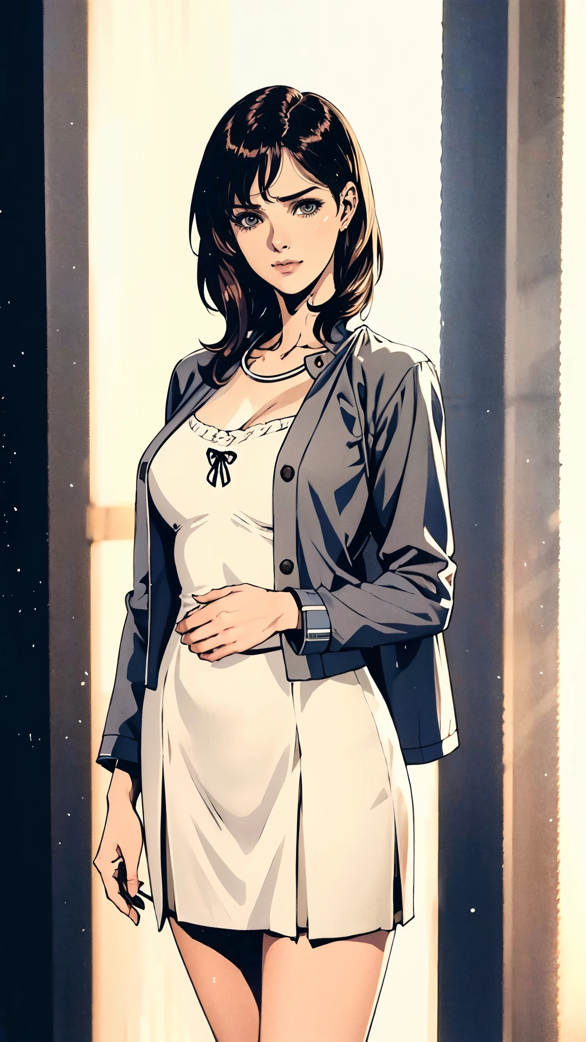 (masterpiece:1.2, best quality:1.2, extremely delicate:1.2), ((Alexandra Daddario:1.2)), a girl with short gray hair, bright eyes, a cheerful smile, a joyful expression, a slender figure, a two-piece fantasy-realistic style jacket, short skirt that matching the outfit, she happily leaps in front of a fantasy-style ancient ritual building, bright and soft color, this character embodies a finely crafted fantasy-realistic style girl in anime style, exquisite and mature manga art style, exquisite photography, Photo realism, photorealistic, perfect skin, even and soft lighting on face, dramatic, high definition, highres, ultra-detailed, ultra-fine painting, professional, perfect body proportions, golden ratio, anatomically correct, symmetrical face, extremely detailed eyes and face, high quality eyes, creativity, RAW photo, UHD, 32k, portrait lighting, Natural light, cinematic lighting, (masterpiece-anatomy-perfect:1.2)