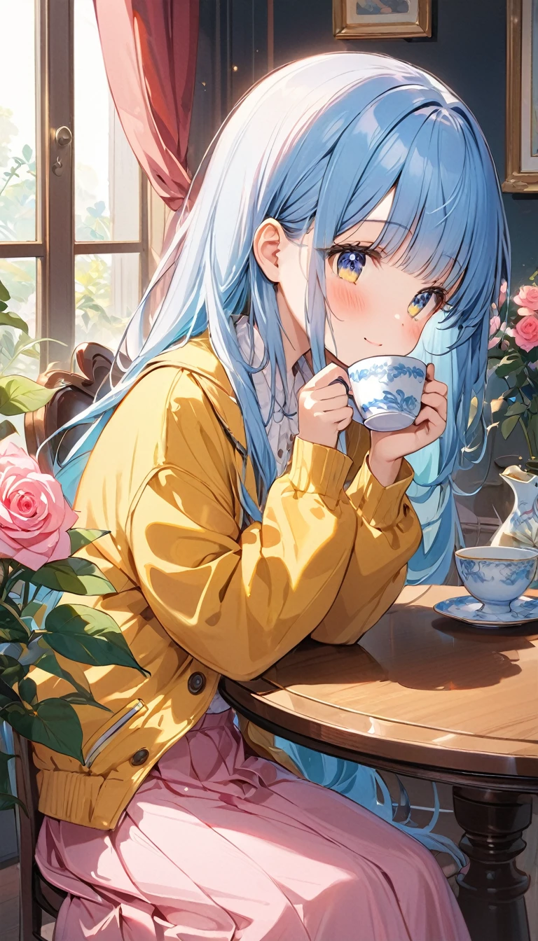 masterpiece, best quality, extremely detailed, (illustration, official art:1.1),,(((( light blue long hair)))),,((blush)) , cute face, big eyes, masterpiece, best quality,(((((a very delicate and beautiful girl))))),Amazing,beautiful detailed eyes,blunt bangs((((little delicate girl)))),(((tareme))),droopy eyes.(true beautiful:1.2), sense of depth,dynamic angle,,,, affectionate smile, (true beautiful:1.2),,(tiny 1girl model:1.2),)(flat chest),(masterpiece:1.2), best quality,PIXIV,flot, 1girl, solo, sitting, long hair, flower, chair, food, pink flower, cup, holding, long sleeves, pink skirt, rose, skirt, jacket, table, pink rose, indoors, blush, bangs, plant, holding cup, yellow jacket, profile, coat, long skirt, vase、looking away,tears
