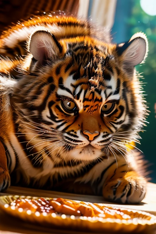 ((Anatomically correct depiction、masterpiece、Best Quality、8k))、Cinematic lighting、((Realistic:1.2))、((Detailed Description))、((Unmistakable details))、Cute brown tiger kitten