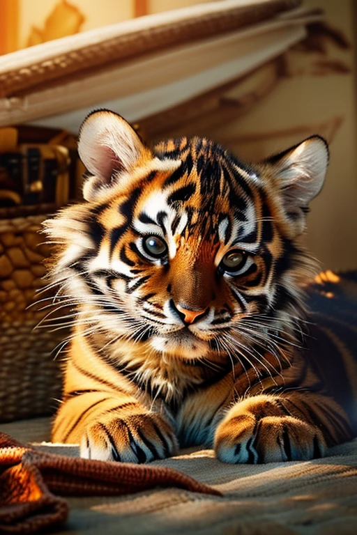 ((Anatomically correct depiction、masterpiece、Best Quality、8k))、Cinematic lighting、((Realistic:1.2))、((Detailed Description))、((Unmistakable details))、Cute brown tiger kitten