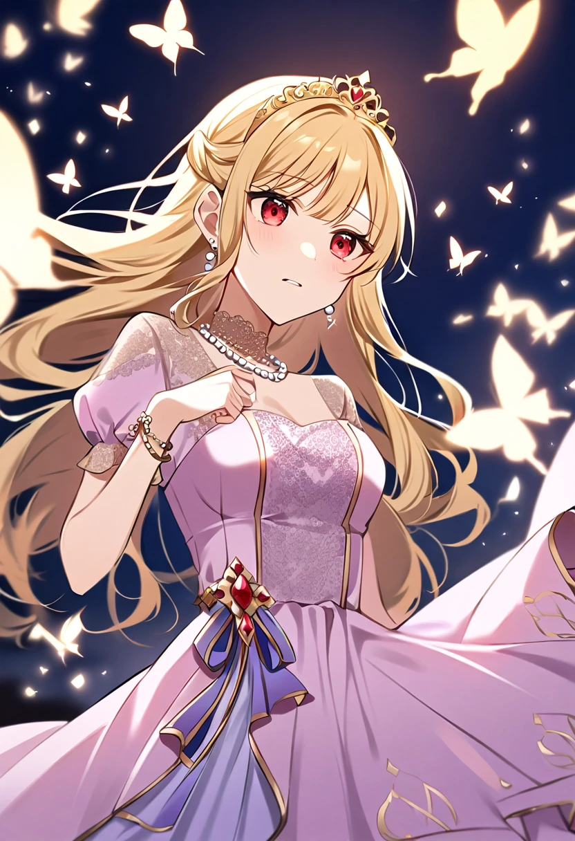 (absurdres, highres, ultra detailed), 1girl, mature female, wavy blonde hair, long hair, blunt bangs, green eyes, pink dress, finely detailed eyes and detailed face, extremely detailed CG unity 8k wallpaper, intricate details, BREAK , kaleidoscopic imagery, symmetrical patterns, vibrant colors, geometric shapes, mesmerizing designs, optical illusions, dynamic composition BREAK , pantomime art, expressive body language, silent storytelling, evocative gestures, visual narratives, theatrical performances BREAK , blooming flowers, colorful petals, fragrant scents, nature's bounty, vibrant gardens, peaceful scenery