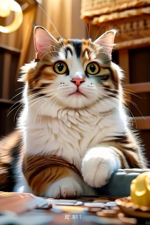 ((Anatomically correct depiction、masterpiece、Best Quality、8k))、Cinematic lighting、((Realistic:1.2))、((Detailed Description))、((Unmistakable details))、Cute calico kitten