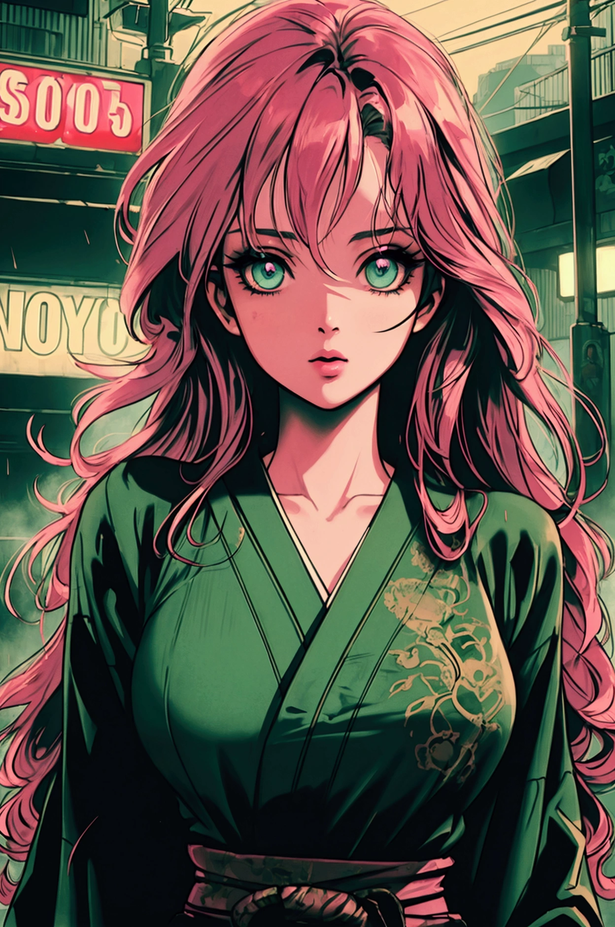 a woman with long pink hair, green eyes, small breasts, thief, night, japanese city, cinematic lighting, hyper-realistic, 8k, detailed face, intricate details, photorealistic, beautiful detailed eyes, beautiful detailed lips, extremely detailed eyes and face, long eyelashes, dynamic pose, detailed clothing, moody atmosphere, neon lights, wet streets, steam, cyberpunk, sci-fi, dramatic shadows, warm colors, glowing highlights