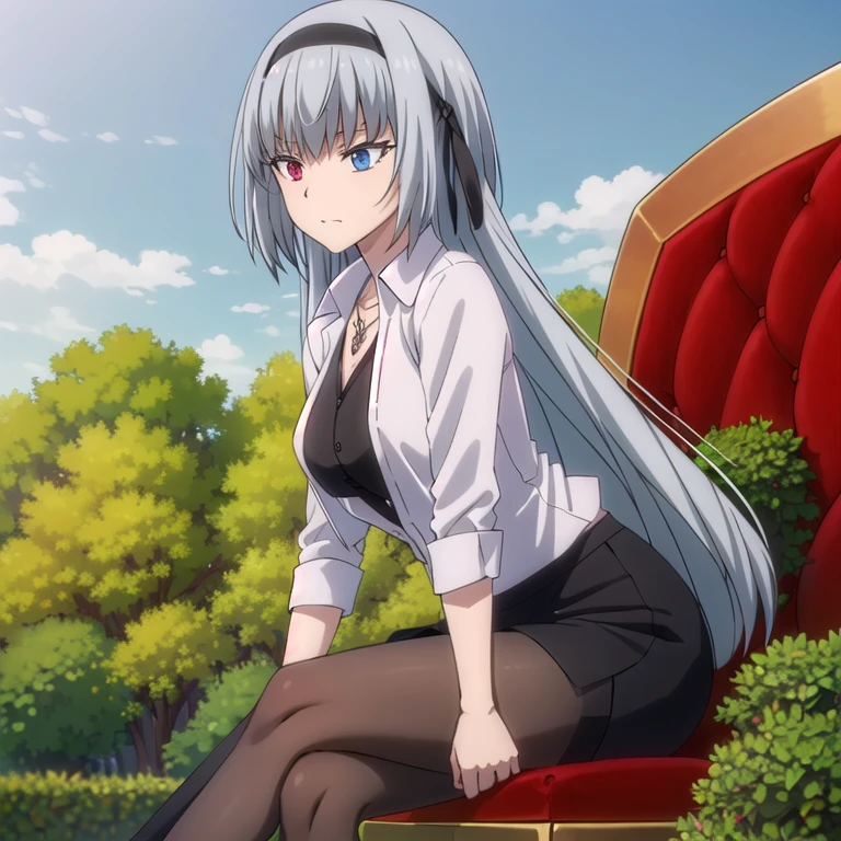 Full Body Shot,(masterpiece:1.2), Best Quality,((((High resolution)))), unity 8k wallpaper, (shape:0.8), Highly detailed face, Perfect lighting, (((Extremely detailed CG))),(((1girl))),Alternate Costume,bangs,black Hairbands,black jacket,blue eyes,chair,collared shirt,Eyebrows visible through hair,Hair between the eyes,Hair Ribbon,Hairbands,Heterochromia,jacket,jewelry,Conclusion,Long Hair,looking at viewer,necklace,Open clothes,Red eyes,ribbon,shirt,Silver Hair,Alone,((襟付きの白いshirt)), (((blue sky))),(((Leaning forward))),(((garden))),(From below),(((Black pumps))),(((Black Pantyhose))),(Big Breasts),(((Black pencil skirt))),((Stiletto heels)),((Pointed toe)),((((chairに座る)))),((((Crossing your legs)))),((From the side))