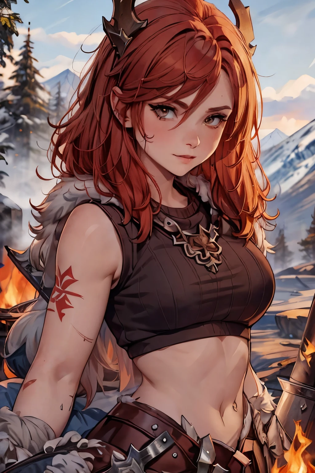 Hot girl. Redhead. Viking. Snowy biome. Pines. Sweat. Horny. Tatoos. Campfire. Abrigada. Piel de oso. croptop. Axe