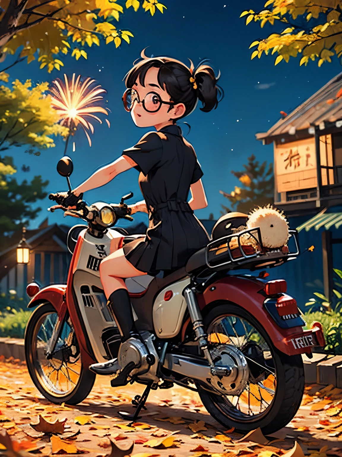 32K，UHD High Definition，Octane Rendering，Steampunk，(Ultra-fine: 1.*****ung Super Cub Rider，night，cute，Very short stature，Thin thighs，A small yellow Super Cub with a full load of luggage，Short dress，Semi-long twin tails，Black Hair，goggles，Black boots，Super Cub Details，To the Autumn Festival，autumn leaves，firework，Mid shot from behind,