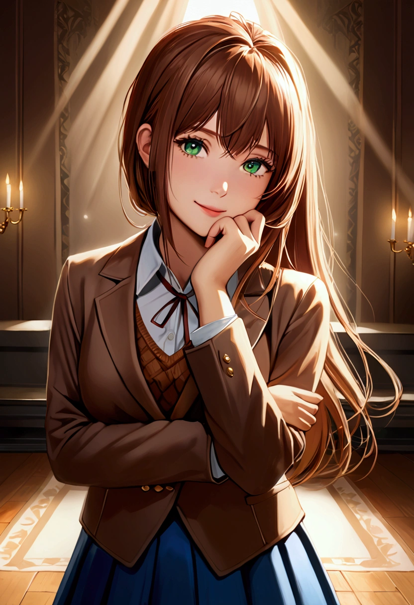 Masterpiece, realistic, 2d, (masterpiece, best quality, beautiful quality, looking at viewer, detailed lighting, 8k:1.1), (hand on face, light smile, looking at viewer, big room, solo, 1girl:1.1), monika, green eyes, brown hair, very long hair, ponytail, hair ribbon, white ribbon, blazer, brown sweater, collared shirt, neck ribbon, blue skirt