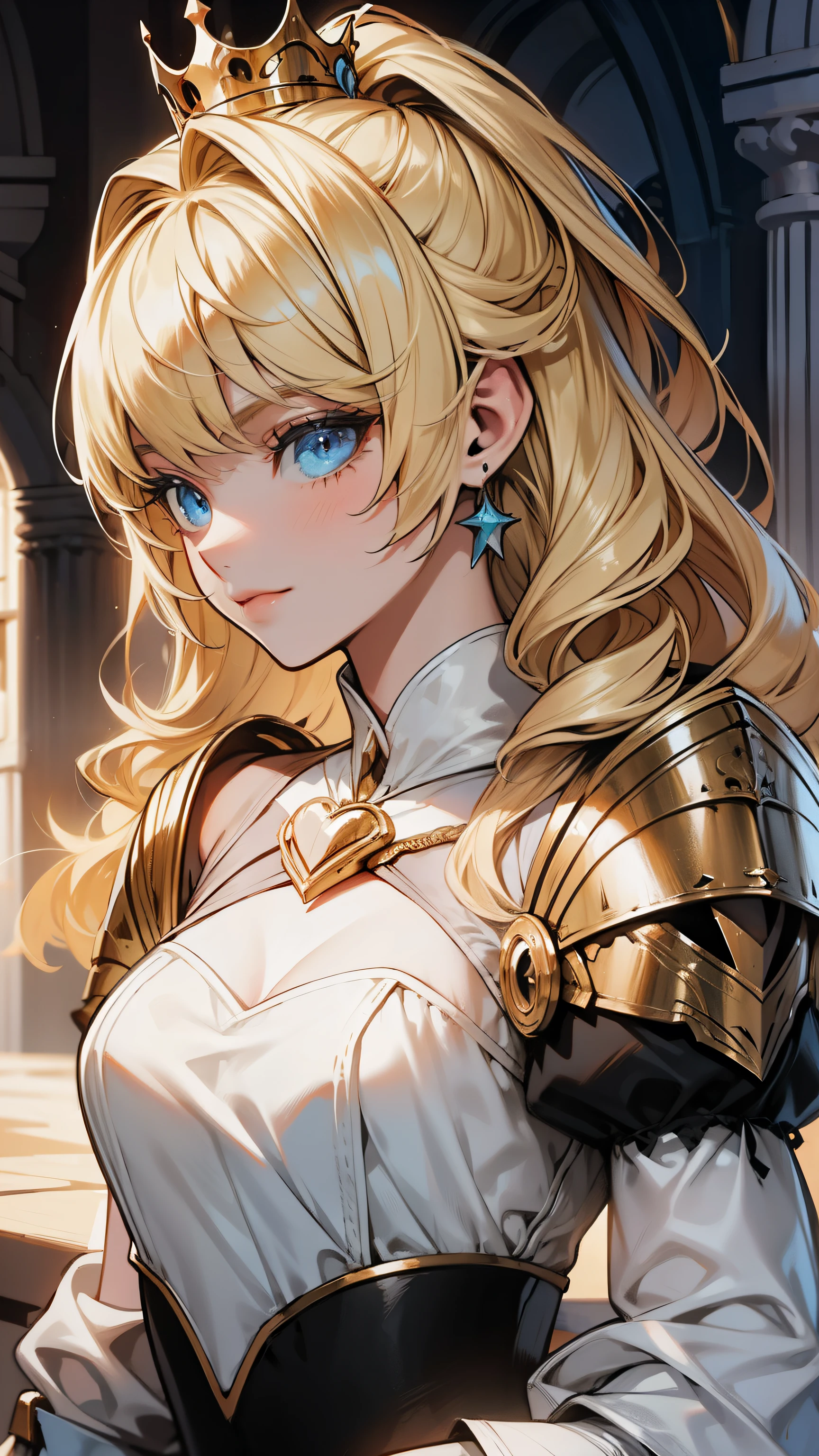 a woman with long curly hair, as a sensual medieval knight, blue armor, dark helmet
