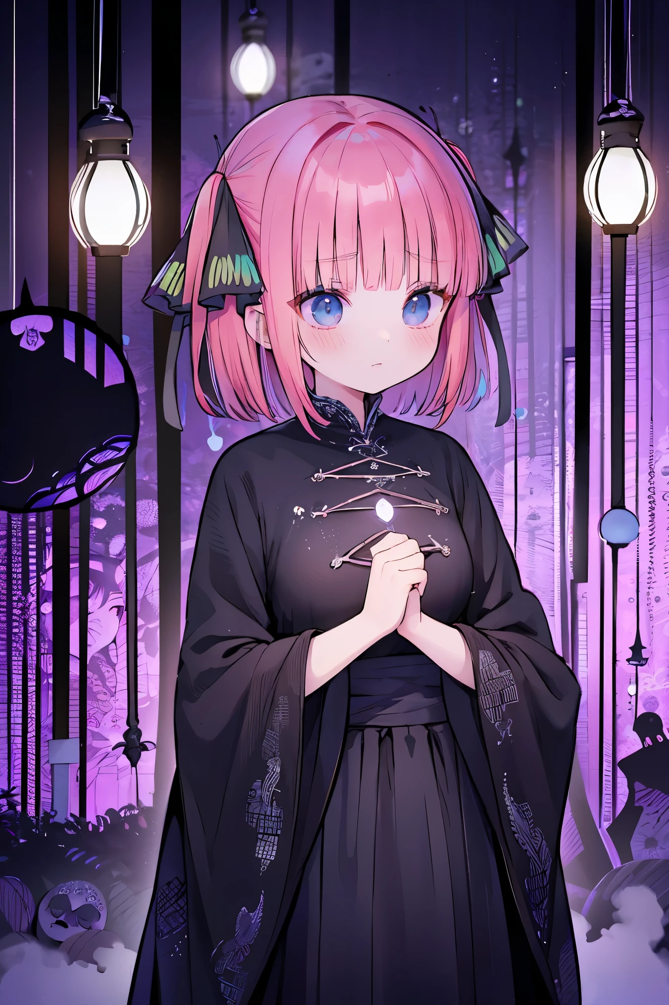 (studio lighting:1.2), deep focus bokeh, nino nakano, hair ribbons, goth style, 1 girl, nakano_nino, pink hair, blue eyes, black and white manga style,Junji Ito,horor,hight contrast,extreme shadows,haunting atmosphere,scary and mysterious scenes,mind-blowing visuals,emotionally charged,psychological terror, nino nakano, Exquisite details,nightmare inducing,artistically stylized,expressive characters,intricate patterns,Terrible expectation,anxiety inducing,intense and mysterious,Masterful narrative,foreboding atmosphere,strange and supernatural,captivating and disturbing narratives,Subtle symbolism,dark and twisted,sublime e surreal,exploring the depths of the human psyche,Convincing and thought-provoking,transcending the limits of reality and imagination, lost in a dream