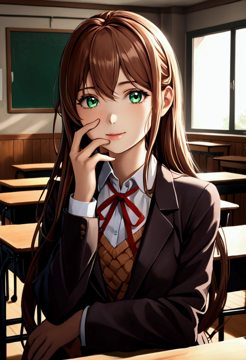 Masterpiece, realistic, 2d, (masterpiece, best quality, looking at viewer, 8k:1.1), (hand on face, light smile, big classroom, solo), monika, green eyes, brown hair, very long hair, ponytail, hair ribbon, white ribbon, blazer, brown sweater, collared shirt, neck ribbon, blue skirt