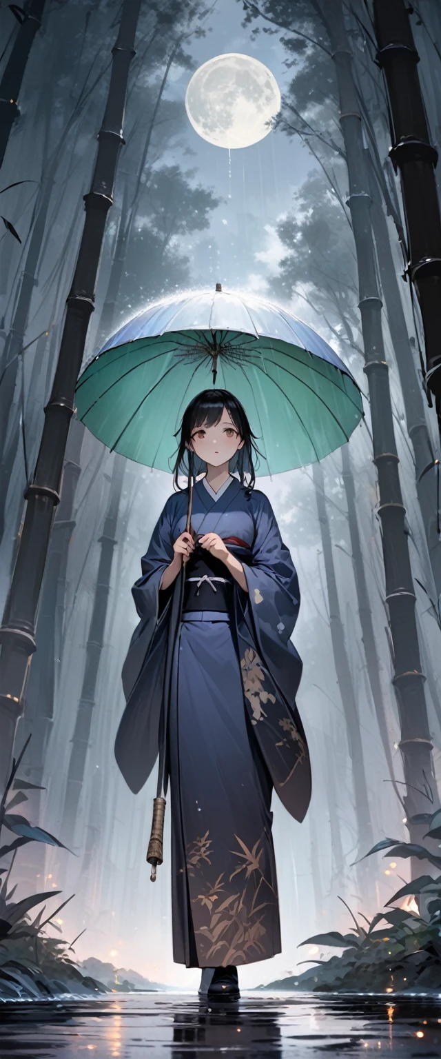 A dynamic ink painting of a Japanese bamboo forest, Great art, Amazing sense of depth, Ground level shot, The most beautiful bamboo forests in the world, Bamboo leaves shining through rainwater, moon\(Pale blue\) Under a slightly cloudy sky,Alone, One beautiful girl\(Ancient Japanese nobility, Beautiful Kimono, Beautiful long black hair\) looking up at the moon holding an umbrella,Light rain, Fireflies fly around, Bamboo leaves are arranged three-dimensionally in the foreground, Long Shot,Colorless,whole body