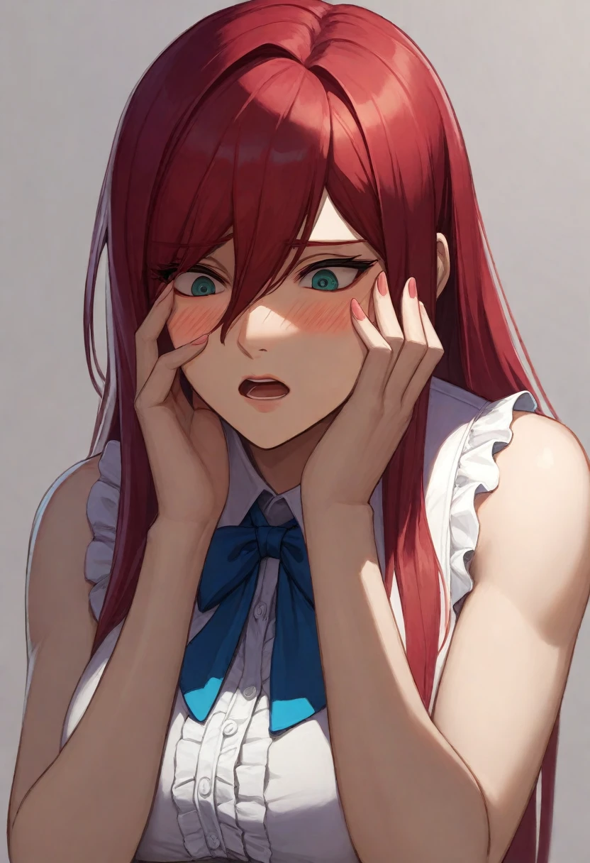 masterpiece, best quality, 1 girl, mature female, erza scarlet, red hair, long hair, sidelocks, hair between eyes, embarrassed, @ @, blush, open mouth, white shirt, collared shirt, frilled shirt, sleeveless shirt, ribbon, upper body, hands on own face, hands on own cheeks, peeking through fingers, looking down, simple background