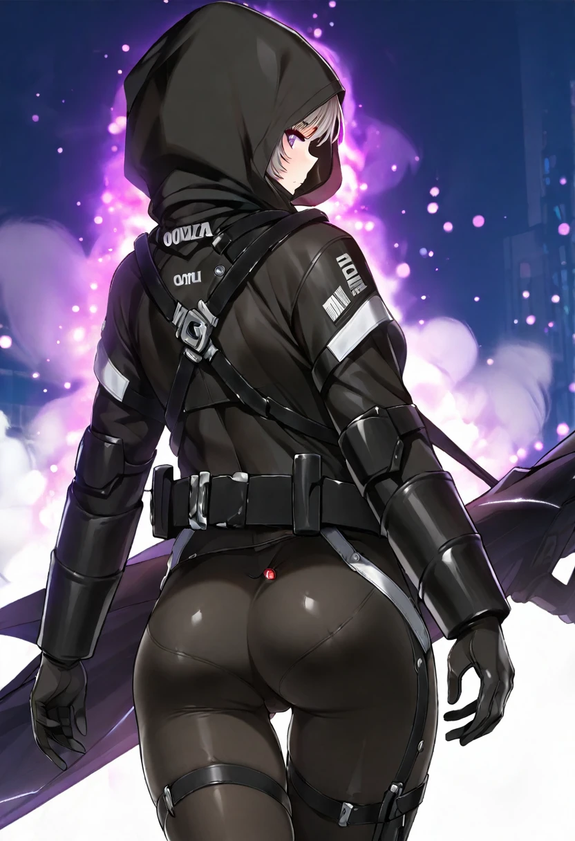 hood, jacket, (((body suit))), black clothes, black wear, (((black tights))),  cowboy shot, back shot, ass, ass line, 