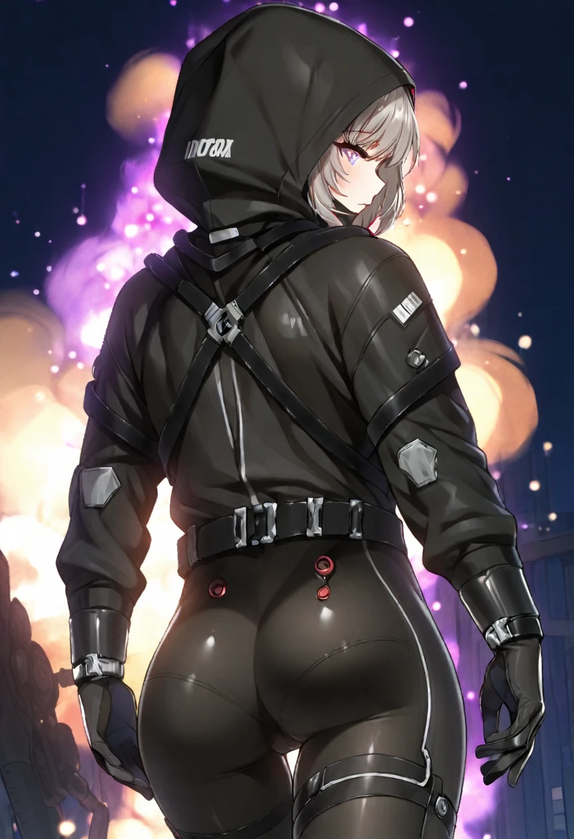 hood, jacket, (((body suit))), black clothes, black wear, (((black tights))),  cowboy shot, back shot, ass, ass line, 