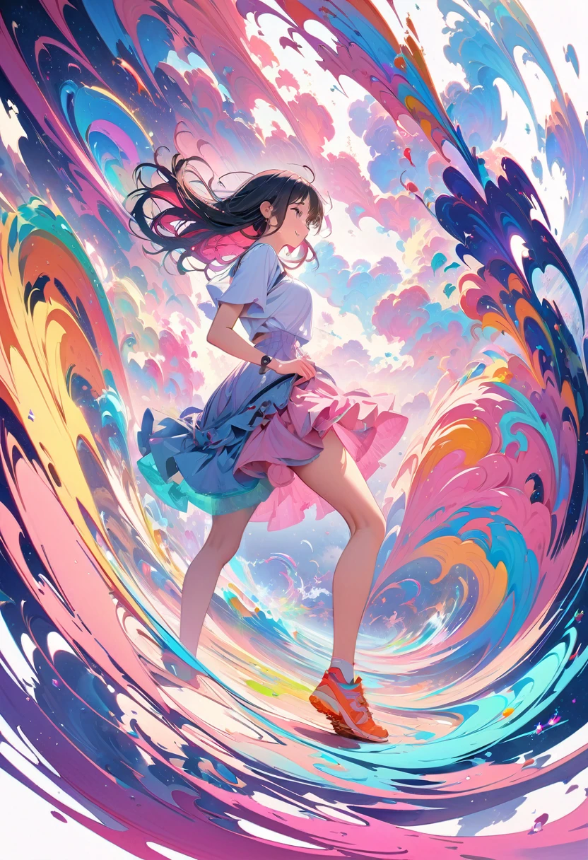 (masterpiece, Best Quality, Official Art:1.2), (colorful), Perfect Anatomy, Watch the audience,One Girl, Alone, White background, floating colorful water, Ultra-fine illustrations, Very detailed, Dynamic Angle, Beautiful Details, 8k, 壊す smiling amidst the colorful scenes, (High resolution), Anime Style, (Fractal Art:1.1), Pastel colors