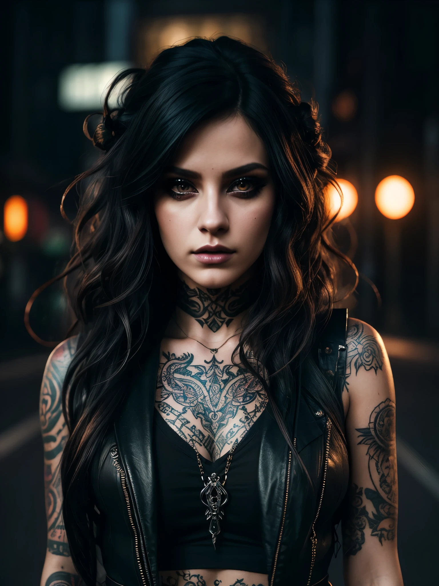 a woman with a tattoo on her arm and a black top, large chest, breasts, beautiful cyberpunk girl face, beautiful cyberpunk woman model, cyberpunk angry gorgeous goddess, very beautiful goth top model, cyberpunk beautiful girl, diesel punk female, ornamental gothic - cyberpunk, jet black haired cyberpunk girl, seductive cyberpunk dark fantasy, beautiful female punk, attractive androgynous humanoid, cyberpunk girl,