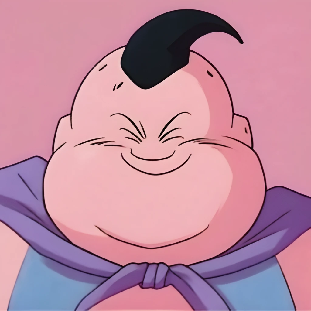 pink skin and a distinctive cone-shaped head, inspired by Majin Buu from Dragon Ball. The character has small, dark, menacing eyes and a mischievous grin. The smooth texture of the skin is highlighted by soft lighting, casting subtle shadows around its well-defined muscles. The background is a gradient of light blue, adding contrast to the pink tones. Anime style, cel-shaded, highly detailed, featuring bold lines and vibrant colors. poakl, More Detail.”