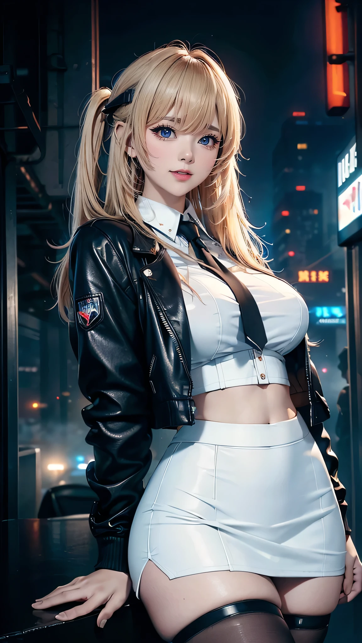 Highest quality,Ultra HD,8k,(Beautiful 25 year old Asian hit woman), (Silver Hair 1.8), (White skin), (Serious face), Red skirt suit 1.5, (((Three-piece suit))), (((Dress shirt))), (((tie))), blazer,(Thigh 1.2,Large Breasts), (((Red Suit Jacket))), Black shiny lapel, (((Bodycon mini skirt))), Tight Skirt, bare legs 1.2,Cufflinks, (Night city background), View from the front, Well-groomed and beautiful face 1.2, Dynamic pose, Ambient Lighting, Photographic realism, Intricate facial details, Exquisite handcrafted details, Very detailed, Vibrant colors, Cinematic, High resolution, Trending Styles Raw on Artstation, , Excited,