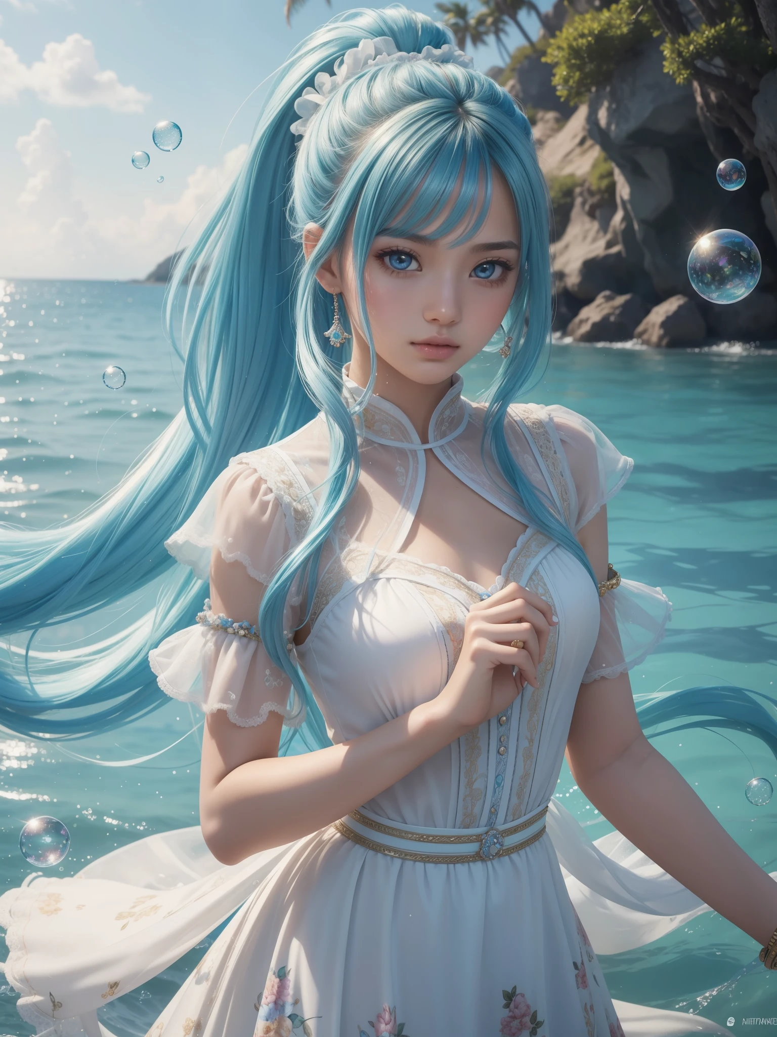 Anime girl with aqua blue hair and white dress, photorealistic anime girl rendering, render of a cute 3d anime girl, 2. 5 D CGI anime fantasy artwork, closeup fantasy with water magic, Detailed digital anime art, 3 D rendering character art 8 K, Ross Tran 8 K, anime styled 3d, Anime girl cosplay, 3 d anime realistic