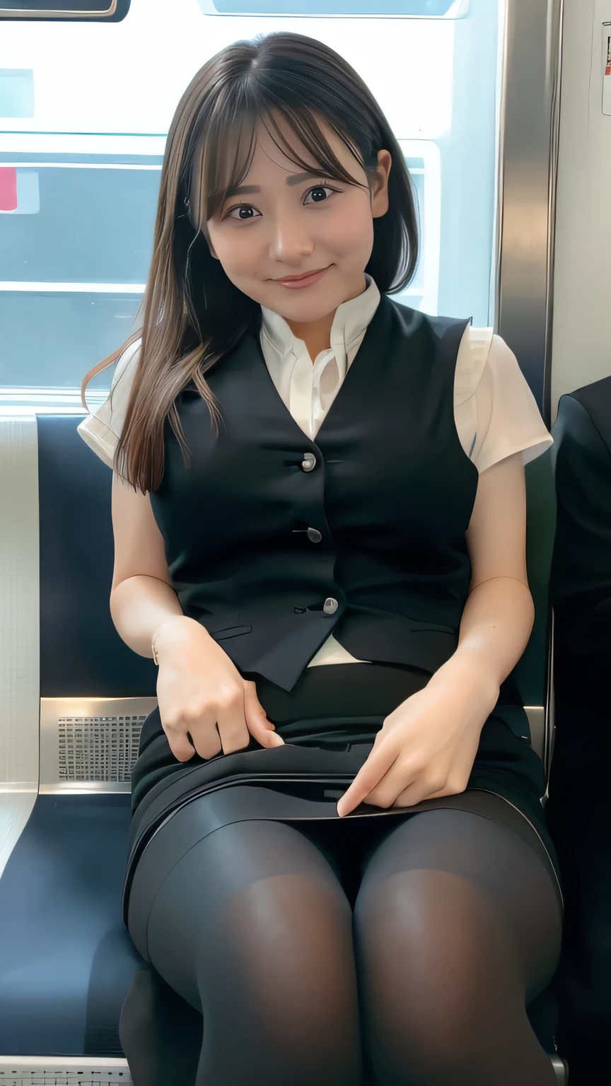 Best Quality、8k、masterpiece、Ultra-high resolution、Clear Photo、Professional Writing、Natural Light、Realistic,、Highly detailed skin、Perfect Anatomy、One Woman、Age 30、baby face、(Large Breasts、Saggy breasts:1.4)、Bob Hair、Brown Hair、Beautiful Hair、smile、Tight office suit、((Black vest、White short sleeve shirt、Black mini skirt、Black Pantyhose:1.2))、(((sit in a train seat)))、(((Looking at the camera)))